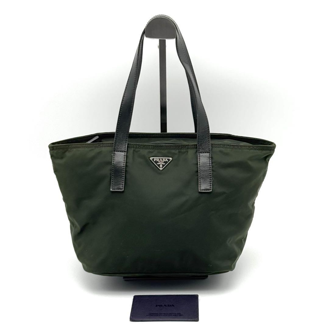 Excellent Condition PRADA Mini Tote Nylon Khaki Triangle Logo Bag From Japan