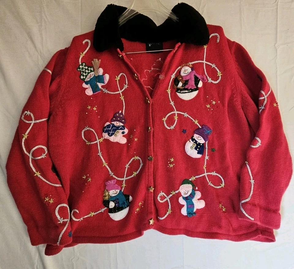 Cárdigan Designers Studio Joy para mujer XL rojo muñeco de nieve suéter Navidad vintage  Foto 2 de 4