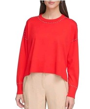 Nwt DKNY Womens Hi-Low Pullover Sweater Red With Stud Trim Size XS