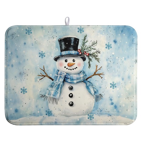 Snowman Super Absorbent Dish Drying Mat, 18x24 Inch, Winter Blue Snowflake Di...