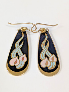 Authentic Vintage Laurel Burch "Wild Anthurium" Floral Earrings, Gold Plated, Cloisonne