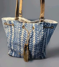 Myra Weekender Bucket Bag - Leather Straps - Blue & White Patterned