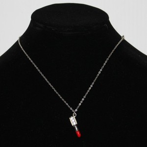 Girl's Silver Tone Necklace with Tiny Lipstick Pendant with Rhinestones