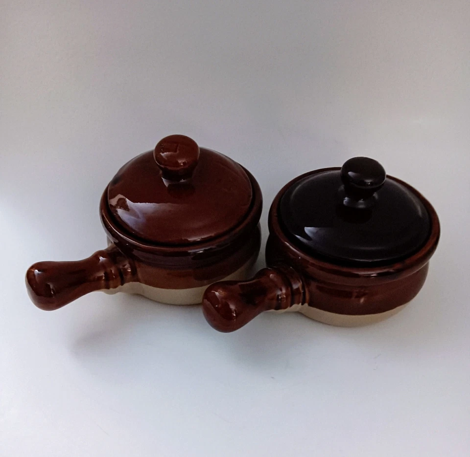 Lote De 2 Vasos Sopera Cebolla Francesa De Gres De Colección Esmaltados Con Tapa Y Mango Foto 2 de 4