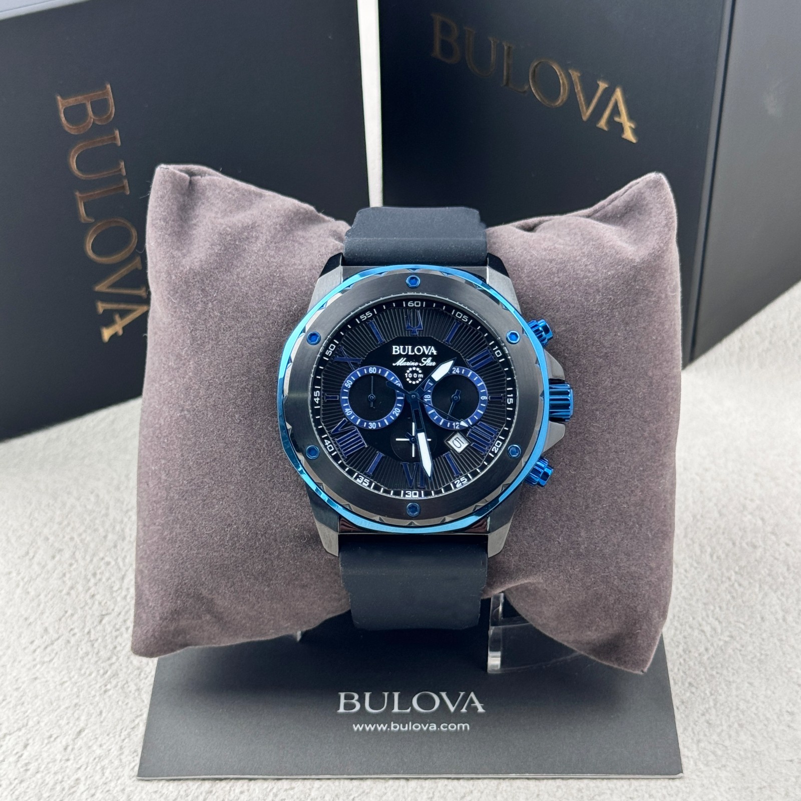 Bulova Marine Star Black Dial 44MM Chronograph Silicone Strap Men's Watch 98B308