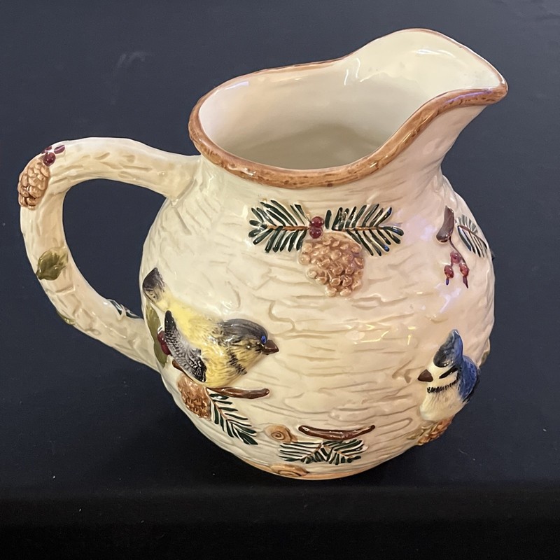 Sonoma Knollwood Ceramic Pitcher Birds Pinecones Rustic Country Cottage