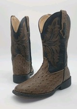 Roper Kids Jed Faux Ostrich Print Square Toe Western Boots Size 1 Brown Black