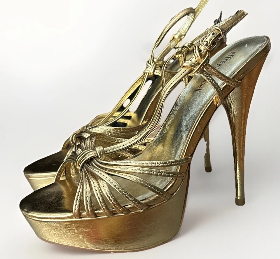 Jeffrey Campbell Spike Heels Leather Gold Metallic Strapy Platform Party Sz 8 - Image 2 of 4