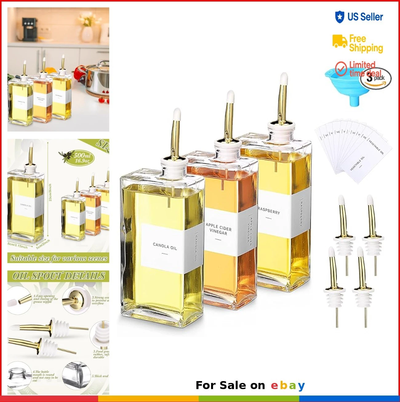 Glass Olive Oil Dispenser Set 3 Bottles Nozzles Funnel Labels Kitchen Cooking