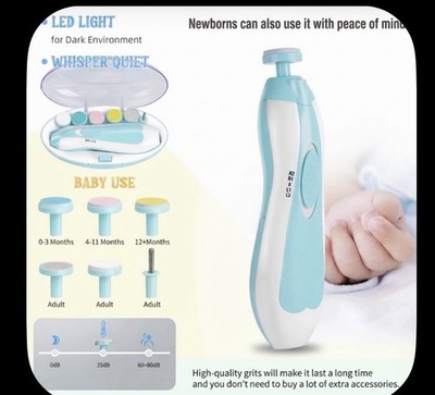 Electric Nail File Trimmer Safe Quiet LED Light Multi Heads For Newborn to Adult