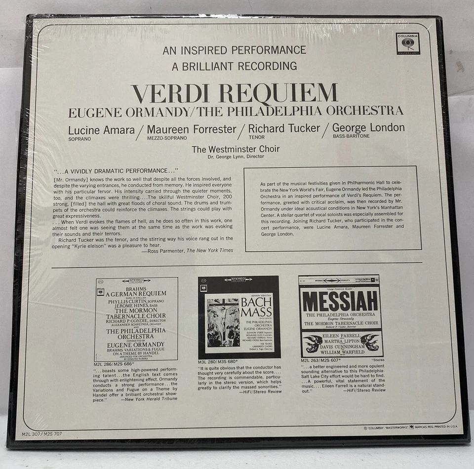 Verdi Requiem Eugene Ormandy/The Philadelphia Orchestra Mono M2L 307 Vinyl - Image 2 of 2