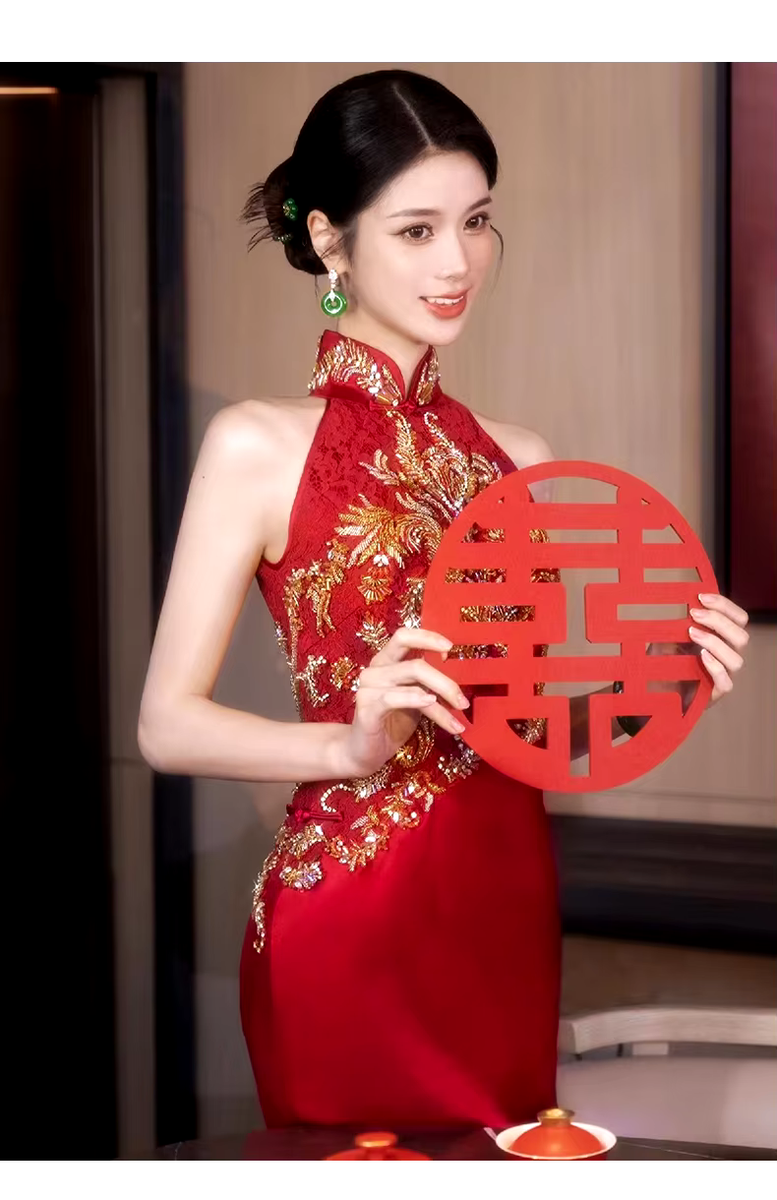 slim fit dress slacks Xiuhe headdress red gold versatile cheongsam morning robe new Chinese
