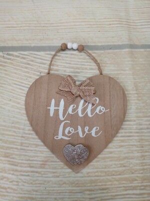New ''Hello Love'' Heart Wood  Sign Farmhouse Valentine's Day Wreath Craft Neutral