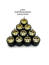 5x Gold 5 Star 12/12mm Real Rider Wheels w/ Rubber Tires for 1/64 Scale Cars