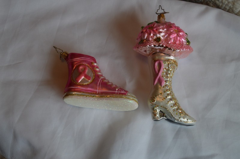 RADKO ORNAMENTS LOT 2 BREAST CANCER HIGH BUTTON BLOOMS -PINK RIBBON SNEAKERS
