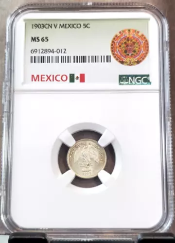 1903 Cn V MEXICO SILVER 5 CENTAVOS 5C NGC MS 65 RARE BEAUTIFUL GEM BU