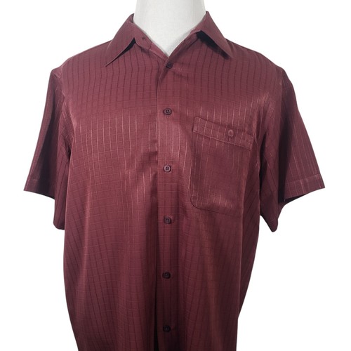 Haggar Casual Shirt Mens Sz L Button Up Short Sleeve Burgundy Check Regular Fit - Picture 2 of 9