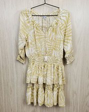 PATRONS OF PEACE Boho Smock Waist Dress Tiered Ruffles Tassels Celery & White M