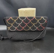 Vtg Walborg Black Beaded Seed Bead Scalloped Evening Purse Shoulder Bag 8.5x5.5