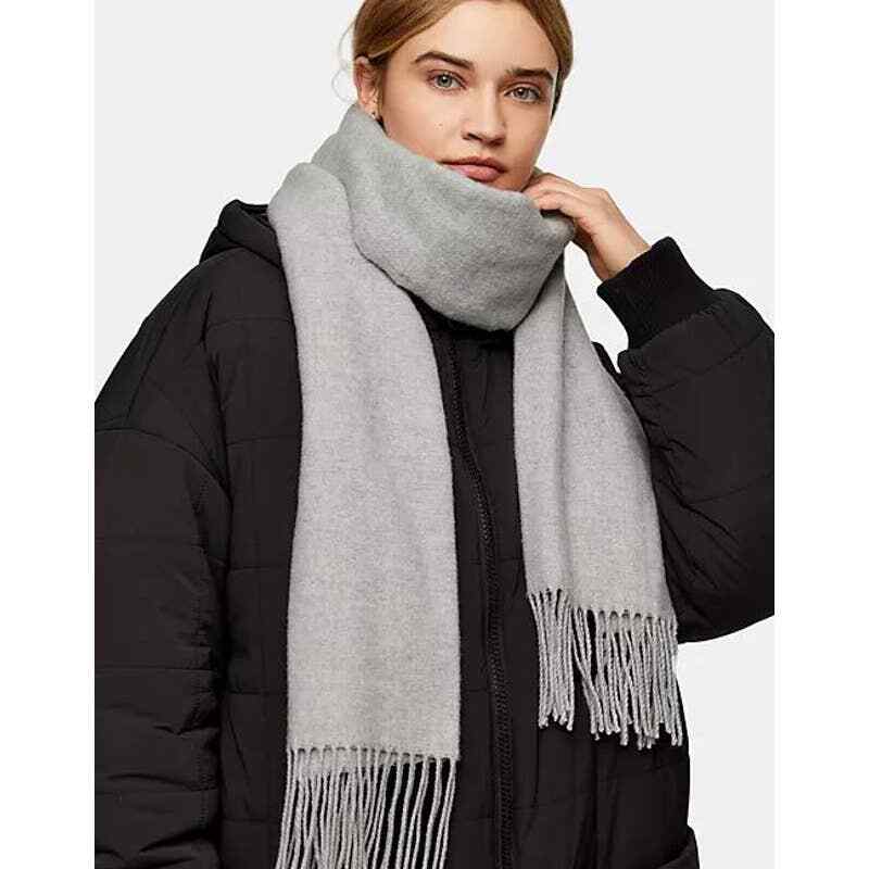 Topshop Long Fringe Ends Knit Neck Warmer Scarf Gray Women's One
