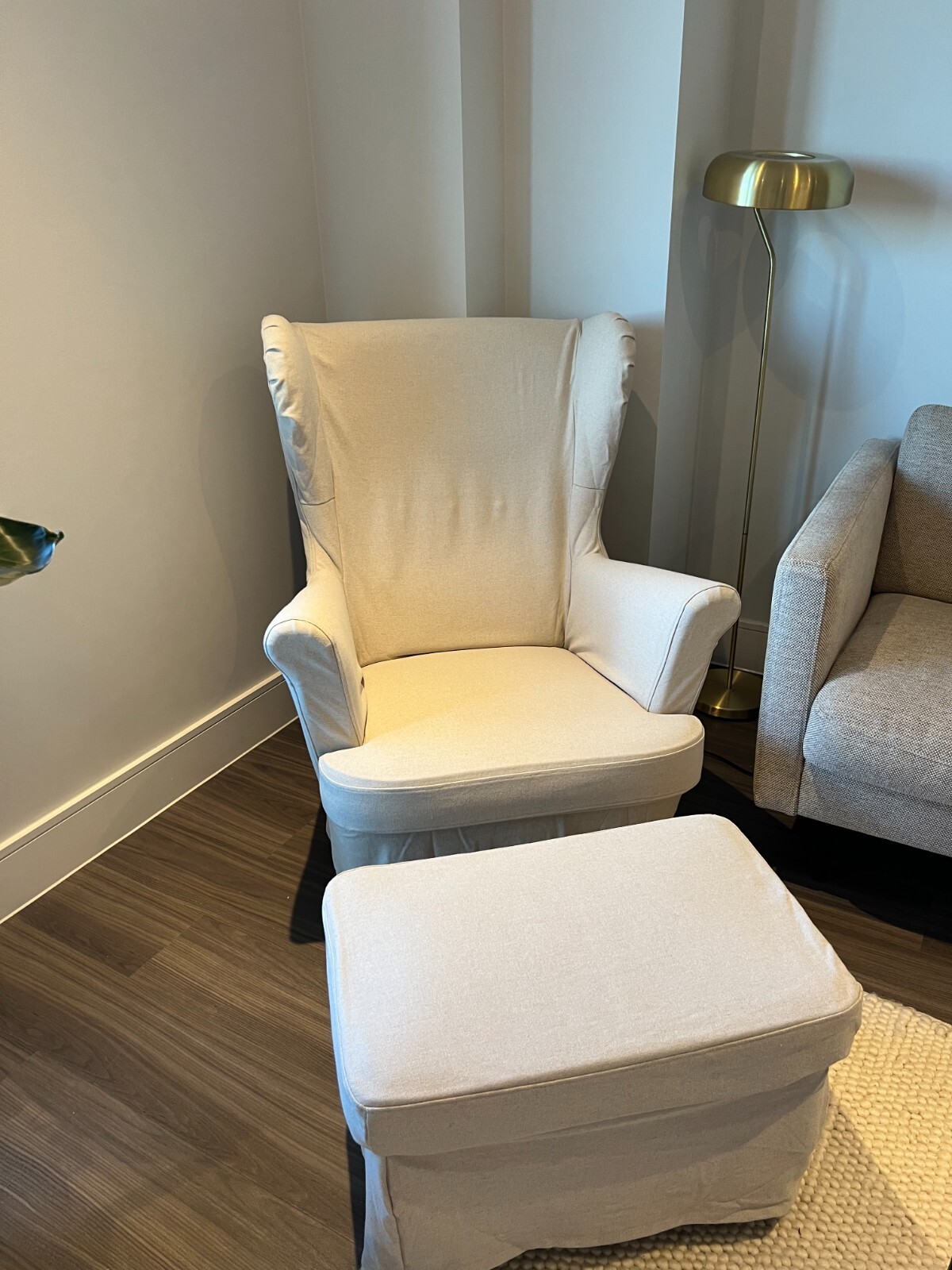 Ikea Yellow Strandmon Armchair with footstool with beige covers eBay