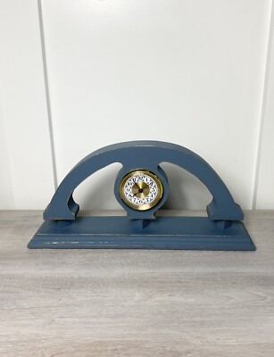 Refurbished Handcrafted Wood Mantle Clock Blue w/ Gold Accents Working w Battery