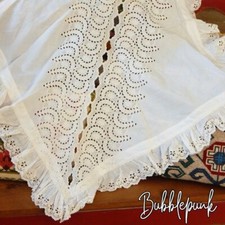 Antique Hand Embroidered White Cotton Eyelet Lace Ruffle Layover Sham Pillow Top