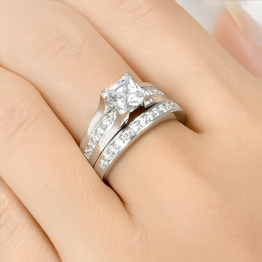 CT Bridal Engagement RING Set w/ Matching Band Princess Cut Sterling  Silver