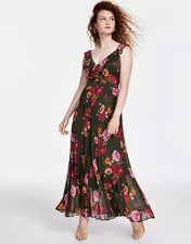 GUESS Floral Chiffon Maxi Dress Ruffle Pleated Green Pink Orange Size 8 GDSP5033