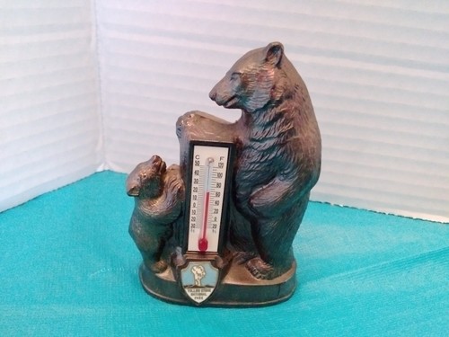Yellowstone Park Vintage Souvenir Bear & Cub Thermometer 4" Heavy Metal