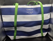 Clinique x Kate Spade Shopping Tote Shoulder Bag Navy White Stripe Green Handles
