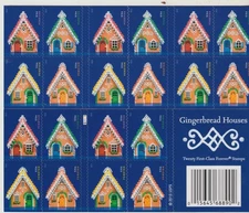 USPS Gingerbread Houses strip of 20 one ounce rate PEEL and STICK stamps from OK