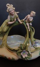 Coupe Art Nouveau femme angelot porcelaine ancienne décor floral 24cm