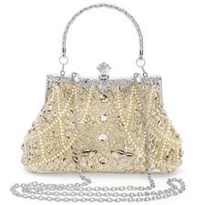 1920s Vintage Evening Bag, Champagne Beaded Clutch Purse for Woman, Elegant
