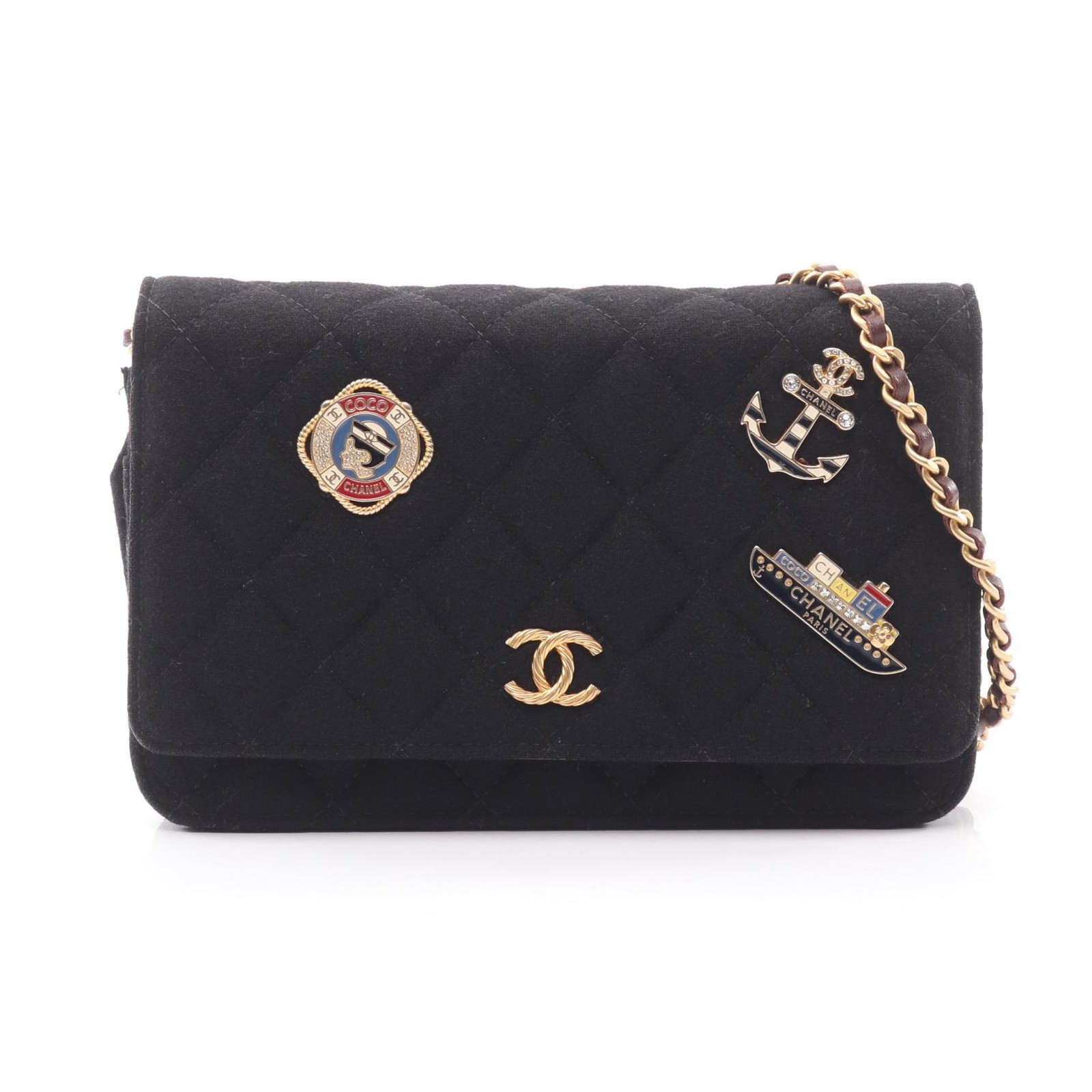 CHANEL Matelasse chain crossbody Shoulder Bag wool Black Used women GHW