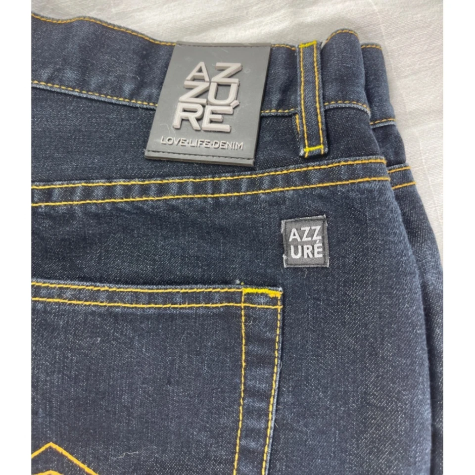 Pantalones de mezclilla Azzure Love Life para hombre talla 38 con detalles de puntada amarilla lavado oscuro Foto 4 de 4