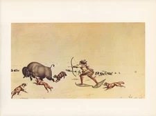 1972 Vintage HUNTING "MODE OF CHASING THE BISON" Indian Hunt Color Lithograph