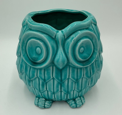 Teal Ceramic Owl Planter/Utensil Holder Embossed 3D Owl decor crackle paint