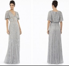 Mac Duggal 5538 Silver Gray Sequin Formal 12 V Butterfly Sleeve Dress Gown $595