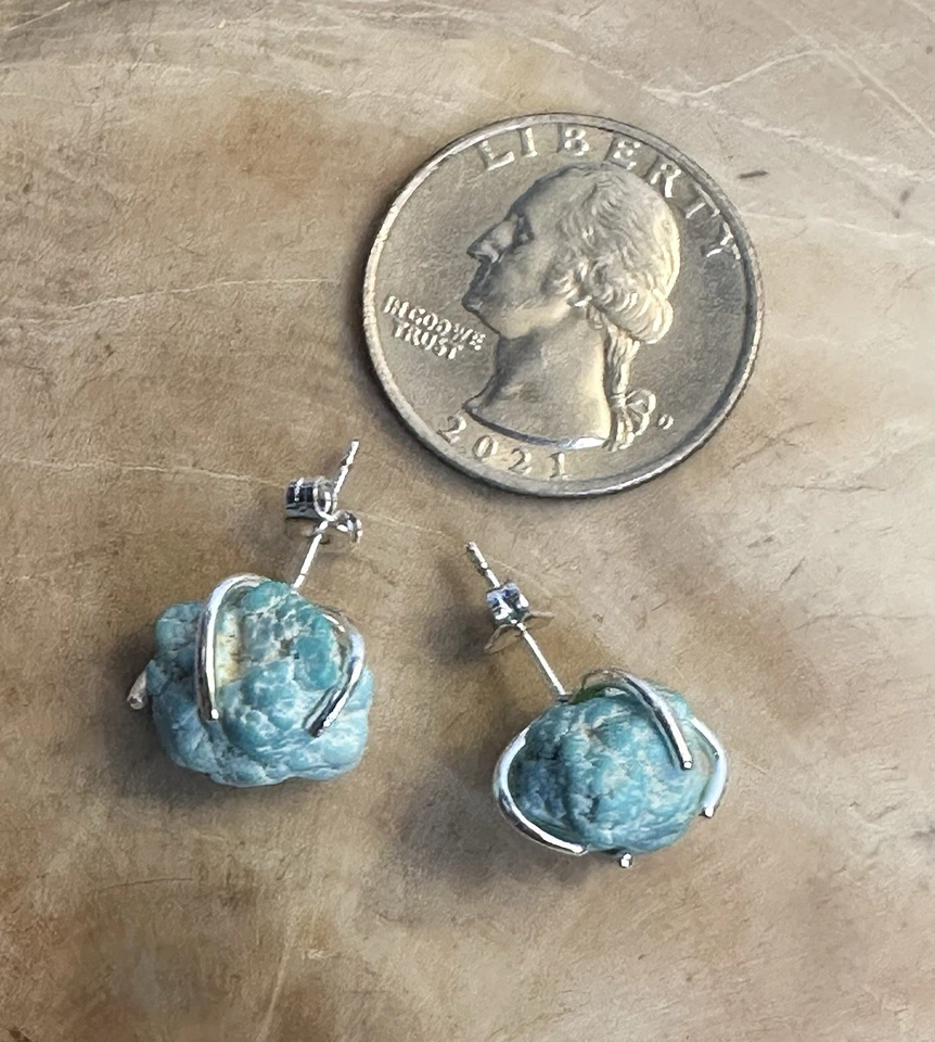 Pendientes de plata de ley 925 pepita redonda turquesa Arizona cruda hechos a mano 9 quilates Ea Foto 4 de 4