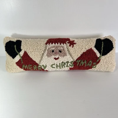 Chandler 4 Corners Hooked Rug Throw Pillow Santa Merry Christmas 8x24 Lumbar - Image 1 of 4