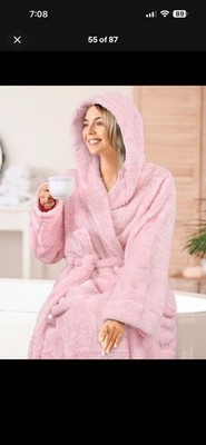 Womens Ladies Fluffy Robe Soft Fleece Luxe Plush Warm Sherpa Hooded Spa Bathrobe