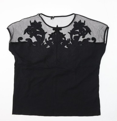 Leo Guy Damen schwarz Blumenmuster Baumwolle Basic Bluse Größe 6 Rundhalsausschnitt
