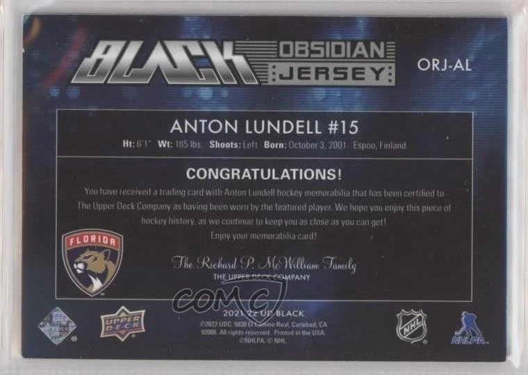 2021-22 SPx UD Black Obsidian Rookie Jersey /399 Anton Lundell #ORJ-AL RC - Image 2 of 2
