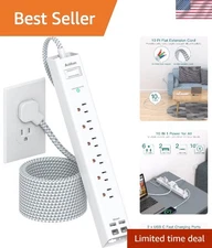 Compact 10 ft Power Strip Surge Protector - Flat Plug, Mountable with USB Ports