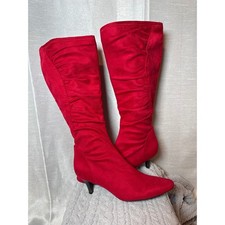Red Suede Ruching Slouch Knee High Boots Kitten Heel Pointed Toe Womens Sz 6.5