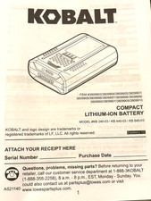 Kobalt Model KB 240-03 -40v 2.0 AH Compact Lithium Ion Ion Battery Owners Manual