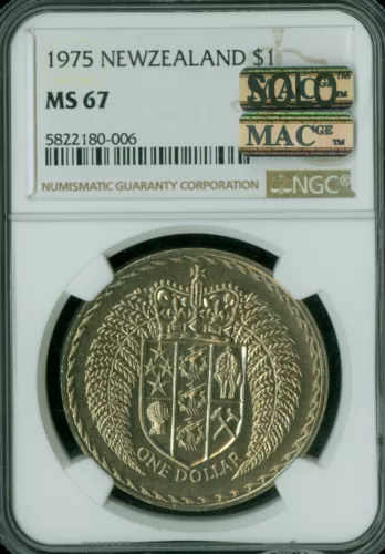 1975 NEW ZEALAND DOLLAR COAT OF ARMS NGC MS67 PQ MAC SOLO FINEST SPOTLESS .