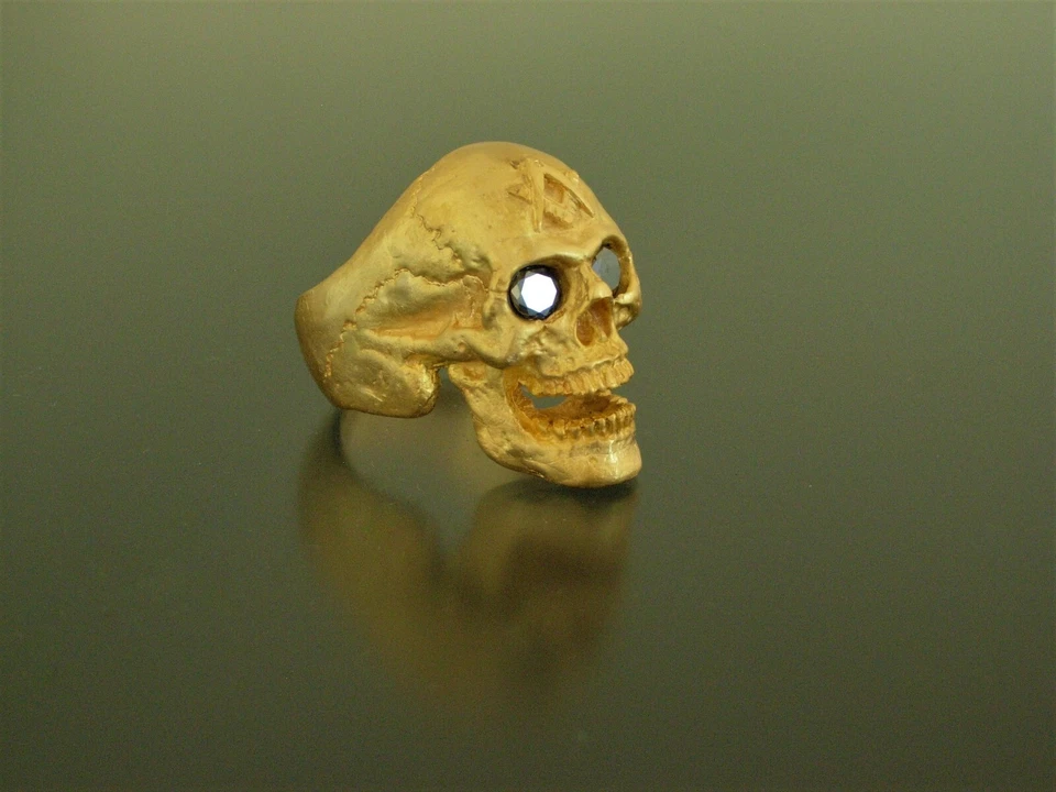 Anillo Calavera Bronce Dorado Anillo Calavera Masónico Negro Gema Ojos Hecho a Mano Bronce Foto 4 de 4