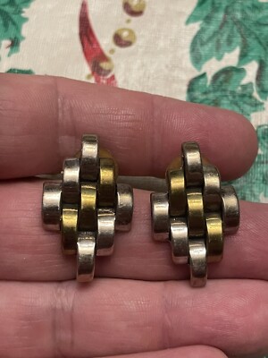 Vintage Mexico Simple Two Tone Gold Plated Geometry Earrings Sterling Silver 925